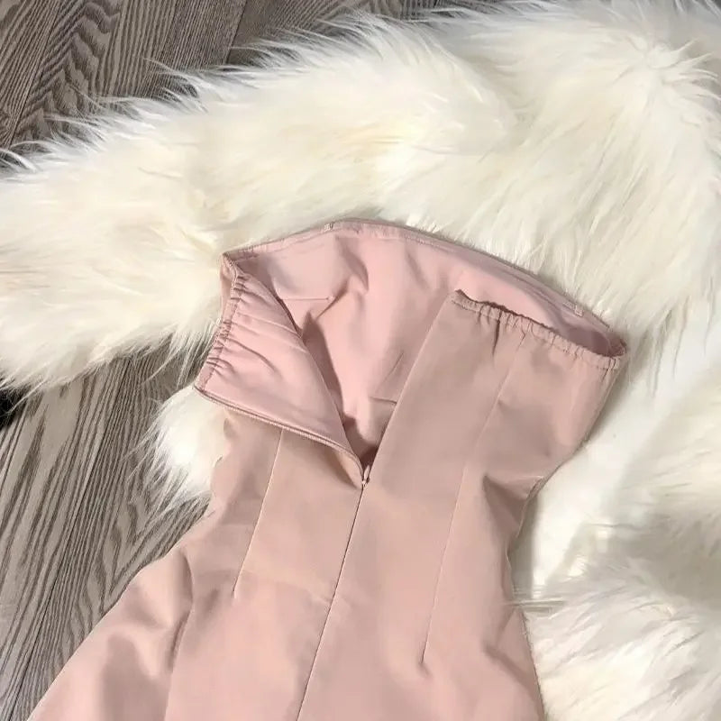 Korean Style Pink 3D Butterfly Knot Tube Top Mini Dress Women's Spring Summer Pure Desire Sexy Waist Cinching Short Skirt