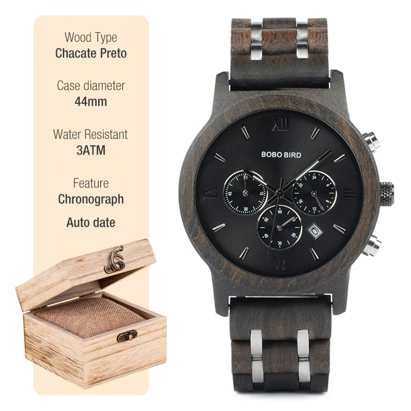 BOBO BIRD Wooden Watch Men erkek kol saati Luxury Stylish Wood Timepieces Chronograph Military Quartz Watches Custom Wood Gift