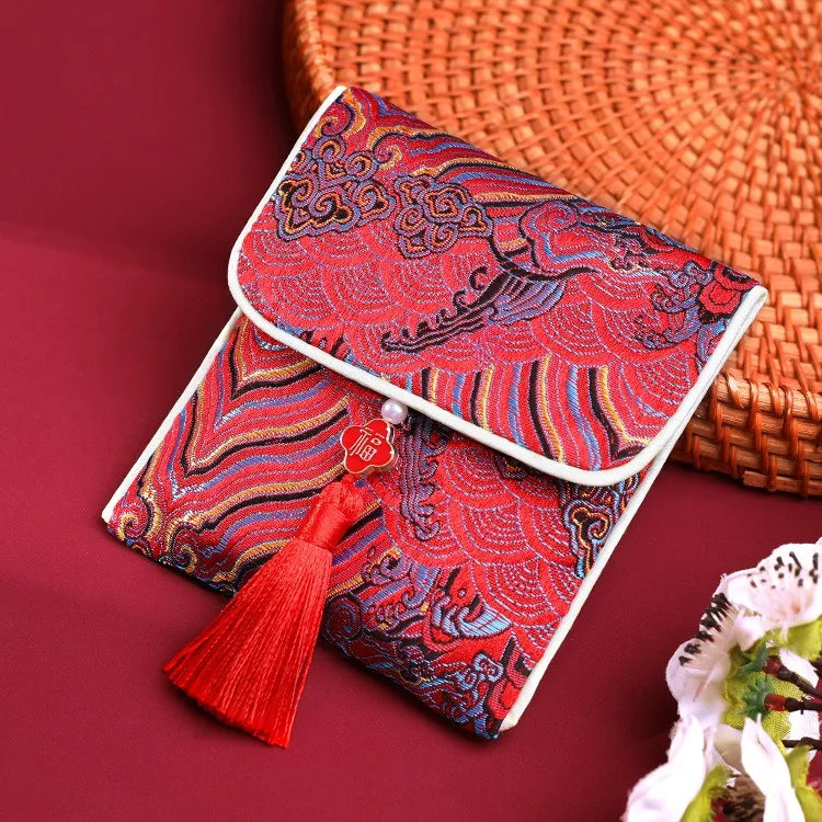 New Year Blessing Words Brocade Red Envelope Tassel Spring Festival Money Pocket Embroidery Best Wishes New Year Money Bag