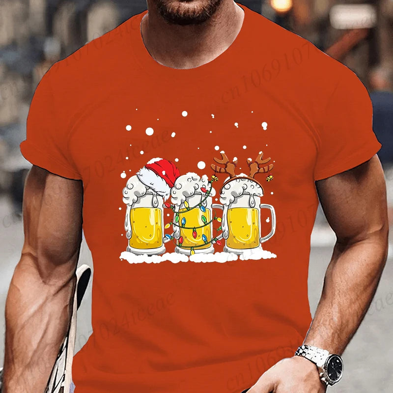 Tshirt Beer Christmas with Santa Reinbeer Xmas Lights Humor T Shirt Camiseta Christmas Party T Shirts Tops Streetwear T-shirts