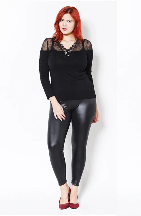 Shiny Plus Size Leggings Black 2X 3X Super Stretch Spandex Clothing PU Leather Pant Tummy Control Oversized Faux Leather Legging
