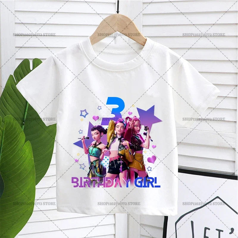 Cartoon Huntrix Number T-shirt Cute Birthday Top Girl Tee Summer Short Sleeve Cotton Boutique Child Clothing Kpop Demon Hunters