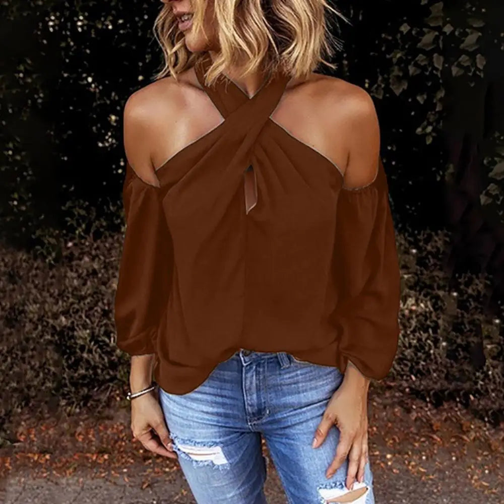 Women Camis Solid Color Long Sleeve Tanks Sexy Halter Off Shoulder Back Zipper Blouse Top Female Clothing For Daily Commuting