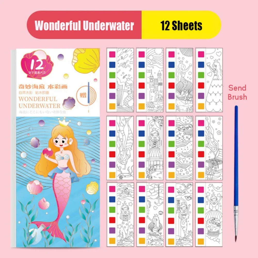 New 12 Pages Watercolor Coloring Book DIY Handcrafted Coloring Painting Book Portable With Painting Brush Mini Paint Pad Gift