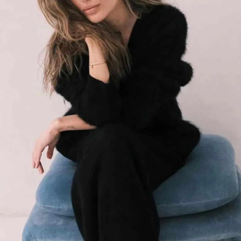 Women's Knitted Jacket Fashion Loose Daily Mink Velvet V-neck Sweater Long Sleeve Button Solid Color Cardigan Jacket