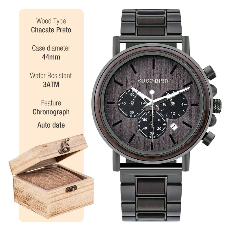 BOBO BIRD Wooden Watch Men erkek kol saati Luxury Stylish Wood Timepieces Chronograph Military Quartz Watches Custom Wood Gift