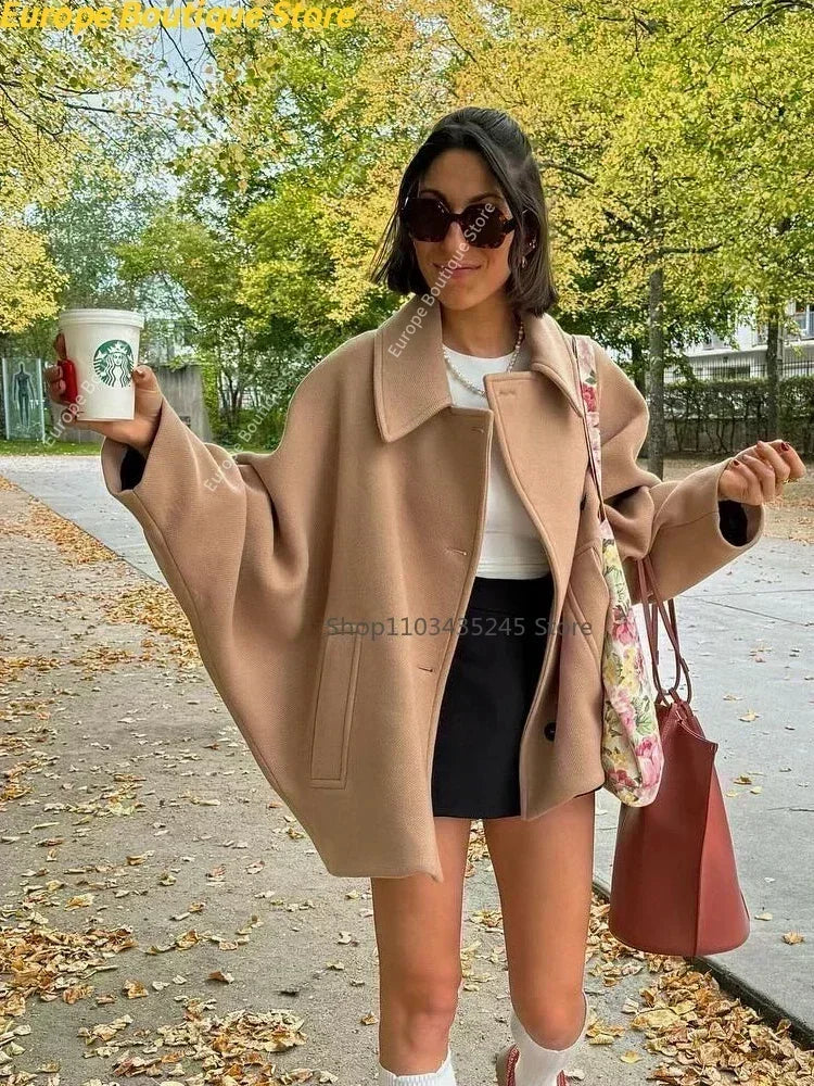 Fashion Lapel Woolen Jacket For Women 2025 Spring Single Breasted Long Sleeve Coats Female Elegant Oversized Chic Street Outwear