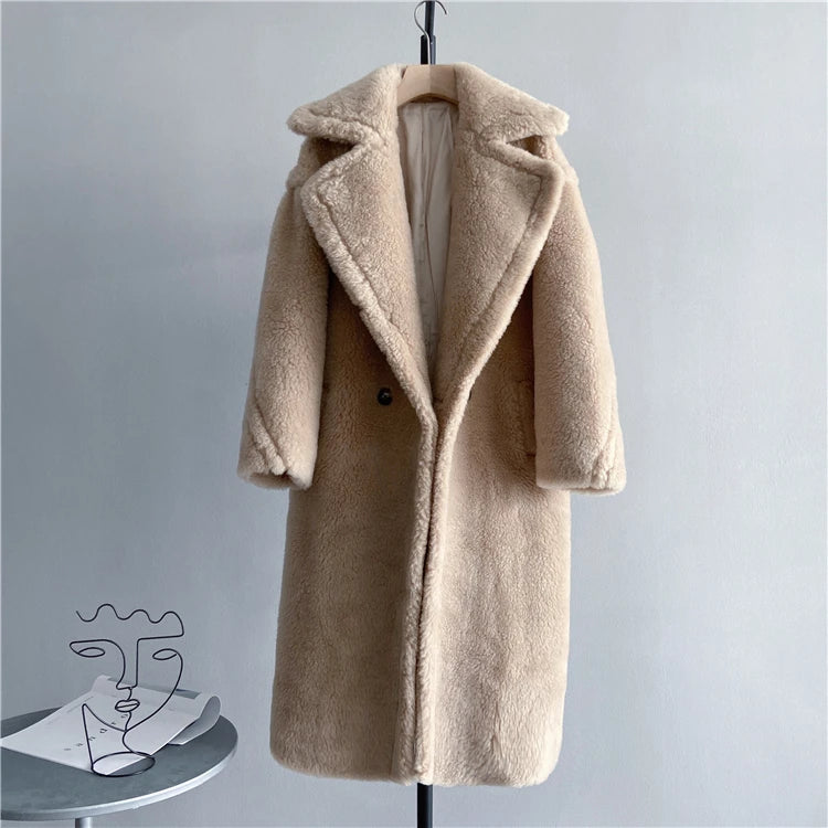 Winter Jacket Women Long Coat  Wool Woven Fabric Thick Warm Outerwear Oversize Fashion Streetwear Teddy Bear Coats
