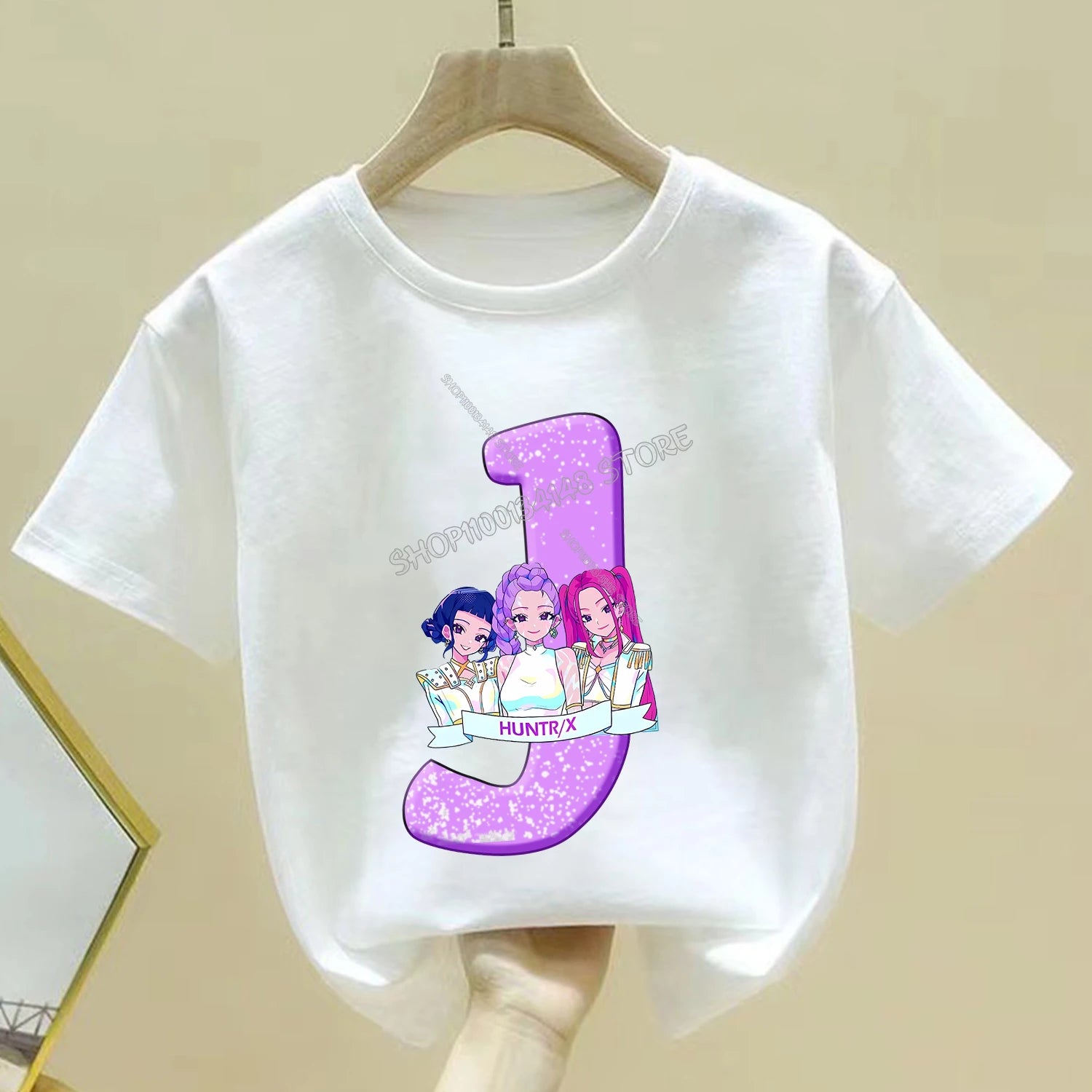 KPop Demon Hunters T-shirt for Children Cartoon A-Z Letters Tee Top White Round Collar Clothes Kids Short Sleeve Clothing Gift