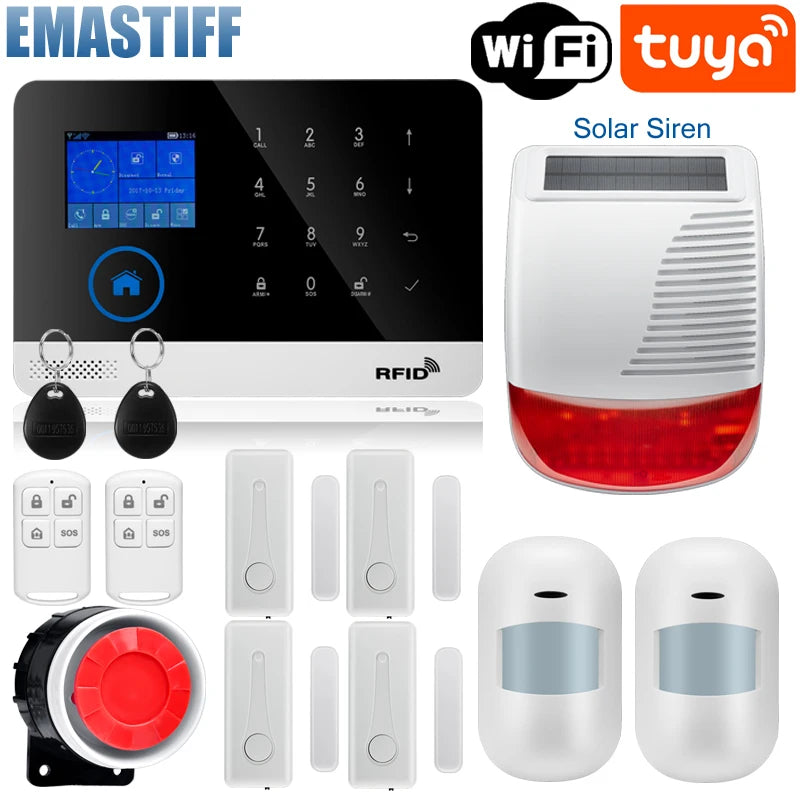 Wireless Tuya APP SIM GSM Home RFID Burglar Security LCD Touch Keyboard WIFI GSM Alarm System Sensor kit Russian,Spanish Voice