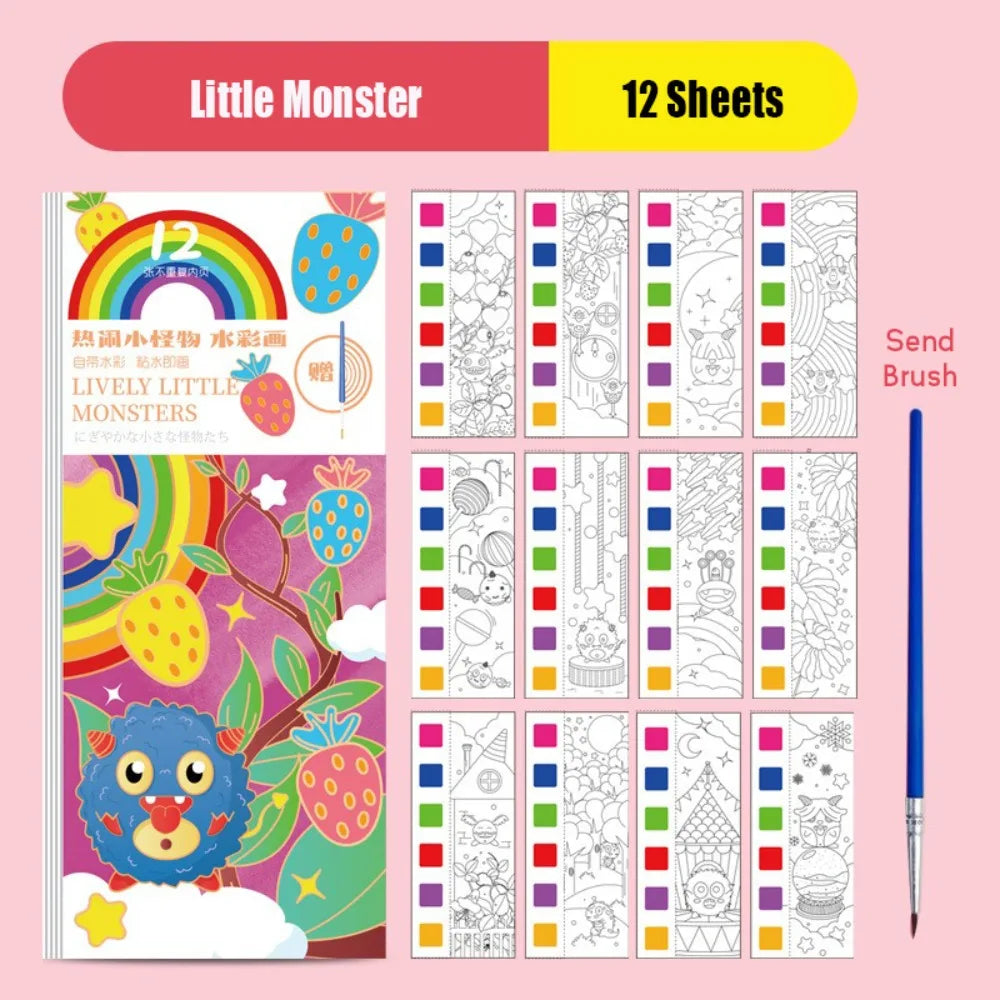 New 12 Pages Watercolor Coloring Book DIY Handcrafted Coloring Painting Book Portable With Painting Brush Mini Paint Pad Gift