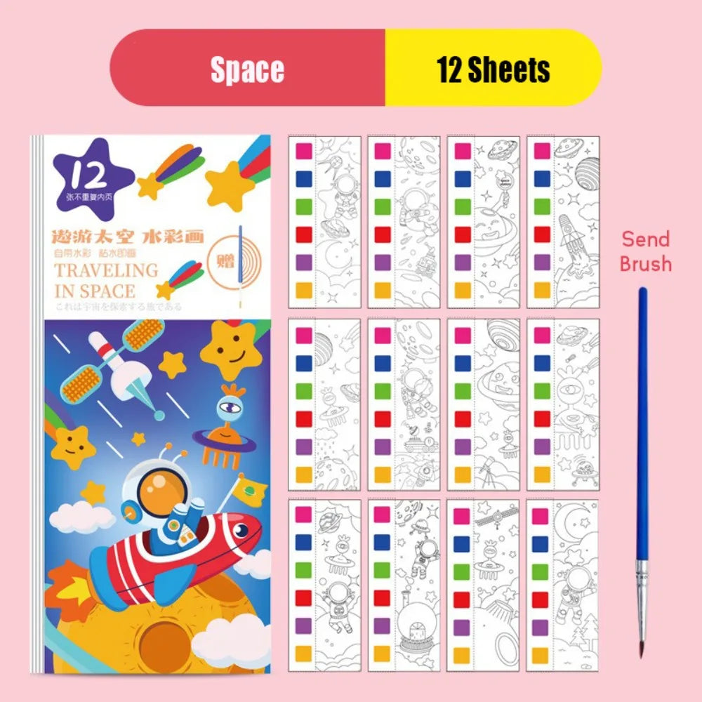 New 12 Pages Watercolor Coloring Book DIY Handcrafted Coloring Painting Book Portable With Painting Brush Mini Paint Pad Gift