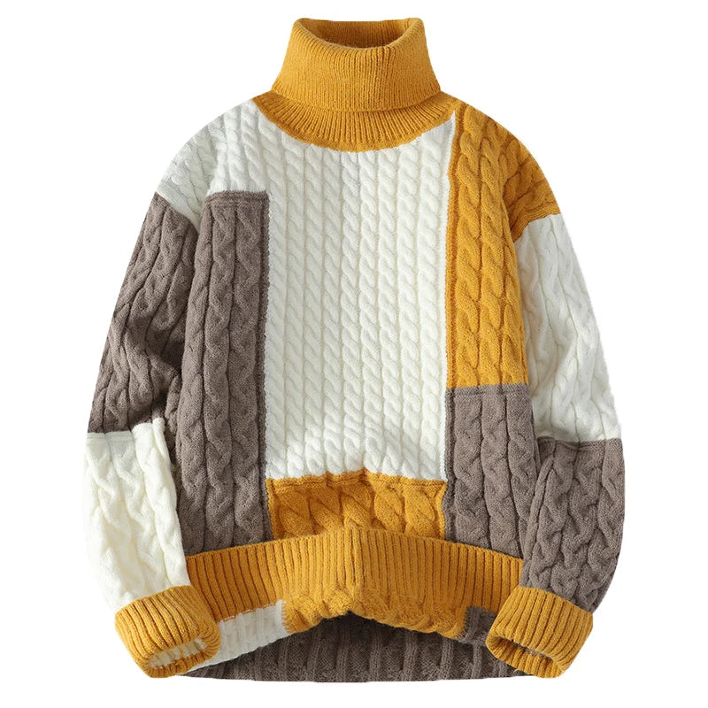 Winter New Contrast Color Turtleneck Sweaters Men's Thicken Warm Knitting Pullovers Loose Comfortable Casual Knitwear