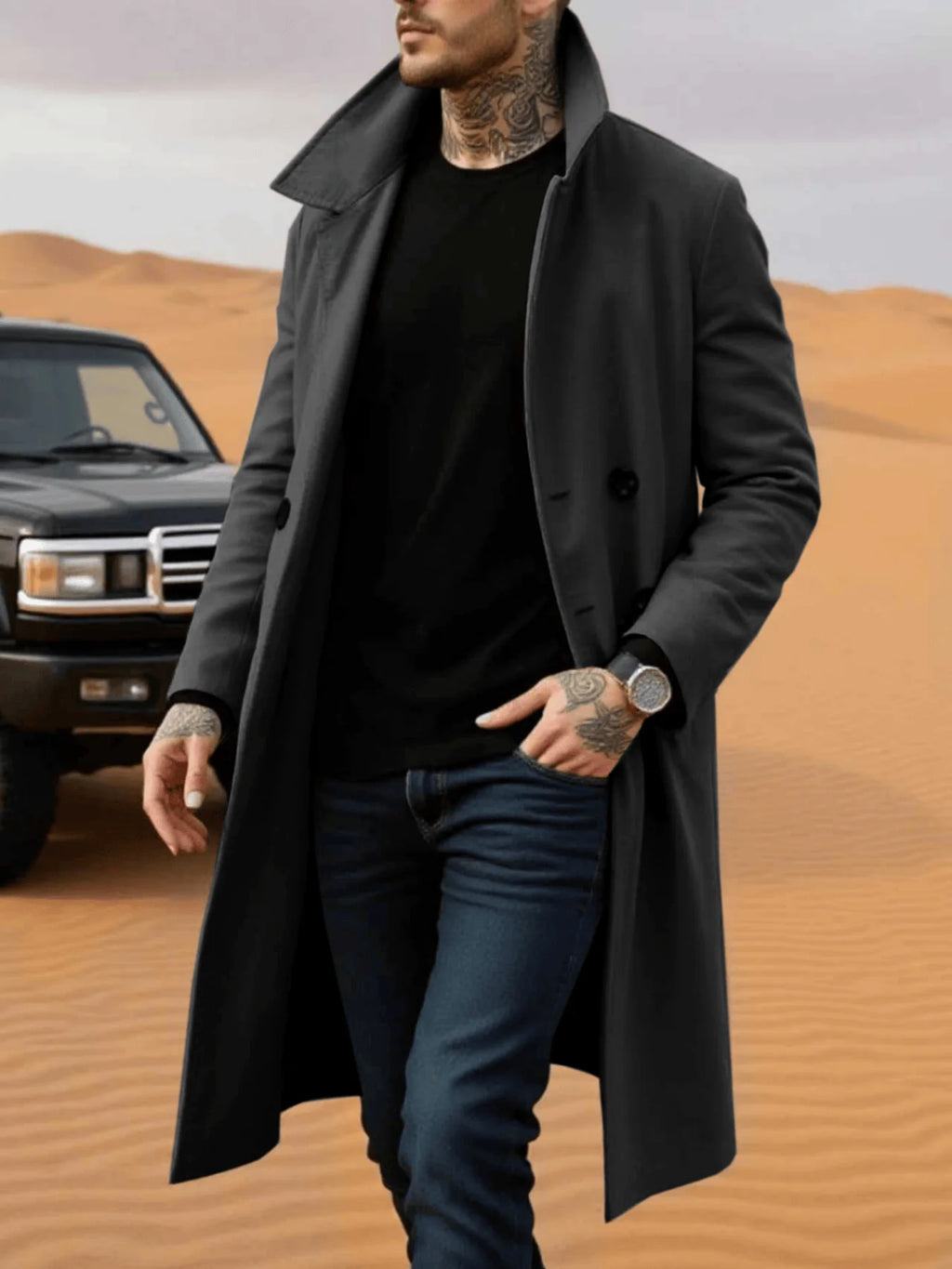 Winter Essential Trench! Men's Wool Coat with Lined Thermal Fabric: Classic Trench Style, Solid Jacket, Travel Ready!