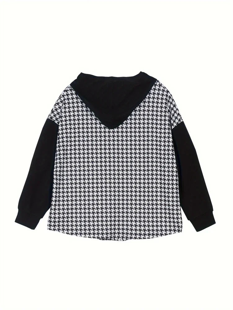 Plus Size 2025 Spring New Women's Houndstooth Print Zip Hooded Jacket Commuter Suitable for Outdoor Wear