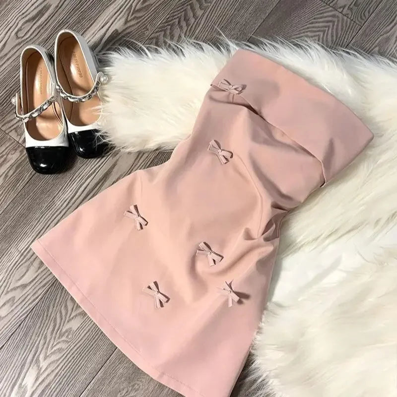 Korean Style Pink 3D Butterfly Knot Tube Top Mini Dress Women's Spring Summer Pure Desire Sexy Waist Cinching Short Skirt