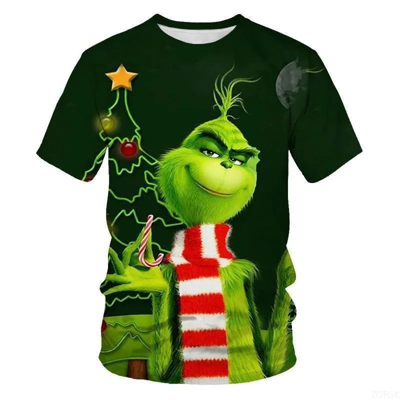 Cross Border New 2025 Christmas Cartoon Green Fur Monster 3D Printed Men's T-shirt Short Sleeved Christmas Grinch