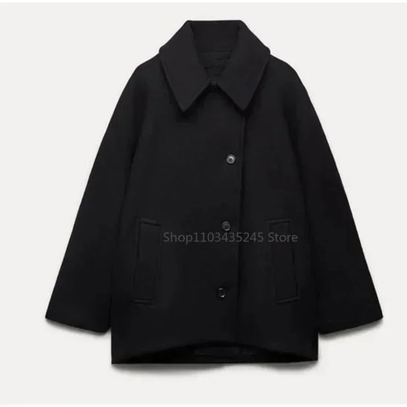 Fashion Lapel Woolen Jacket For Women 2025 Spring Single Breasted Long Sleeve Coats Female Elegant Oversized Chic Street Outwear