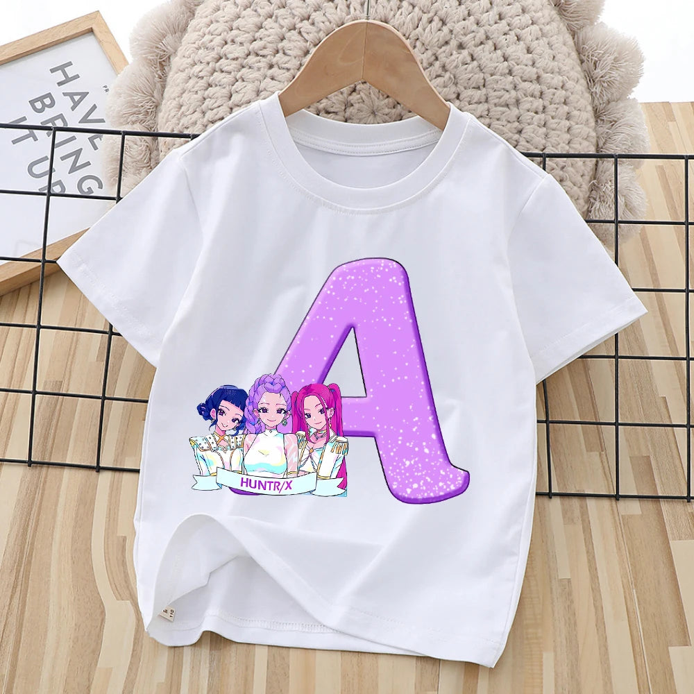 KPop Demon Hunters T-shirt for Children Cartoon A-Z Letters Tee Top White Round Collar Clothes Kids Short Sleeve Clothing Gift