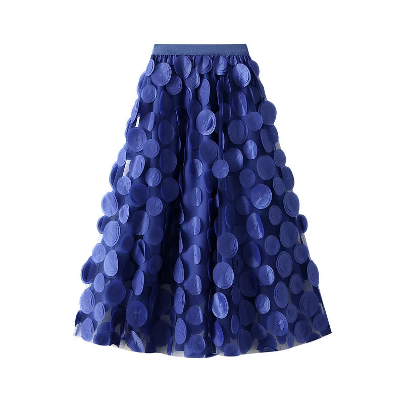 Autumn Winter 3D Circular Applique Mesh Long Skirts 2024 Korean Fashion Hepburn Style High Waist A-LINE Skirt