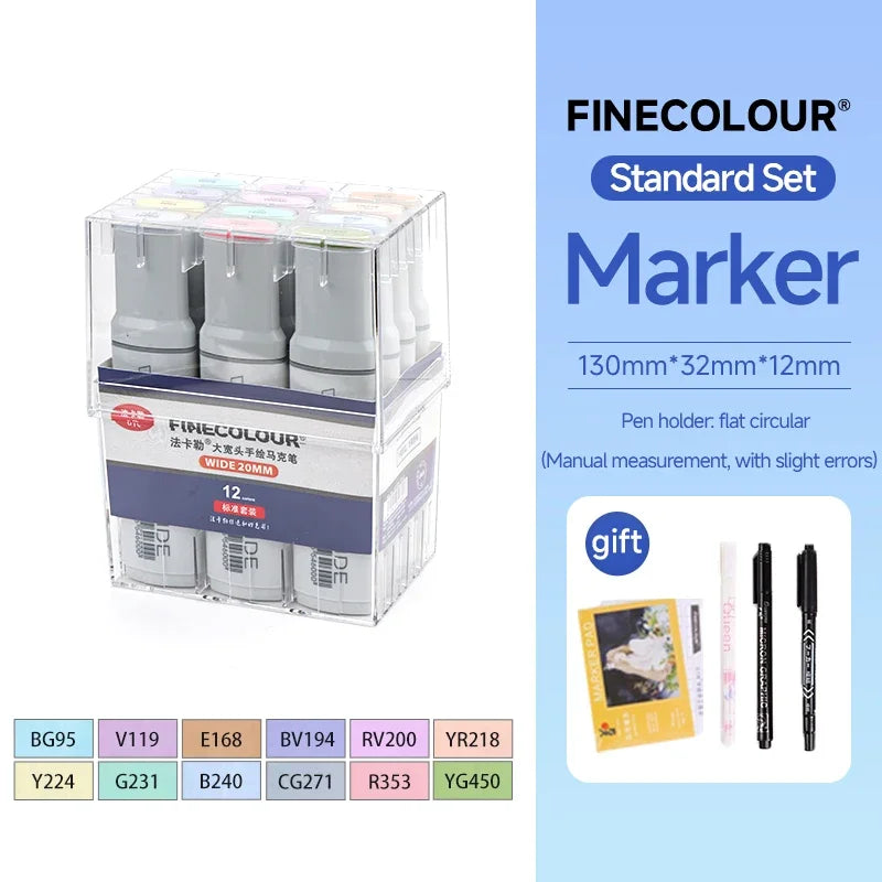 Finecolour EF105 20mm Wide Markers 12colors Alcohol Line Sketching Art Markers Pen Drawing For Large Area Painting Art Supplies