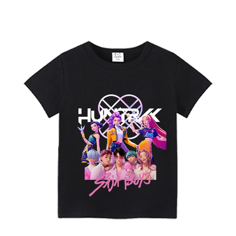 Cartoon Huntrix Number T-shirt Cute Birthday Top Girl Tee Summer Short Sleeve Cotton Boutique Child Clothing Kpop Demon Hunters