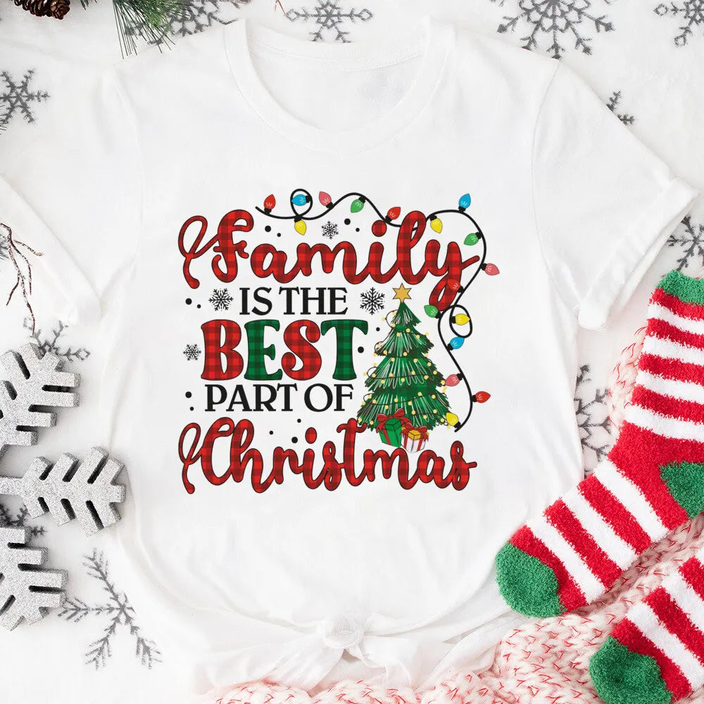 Family Is The Best Part of Christmas Printed Shirts Xams Party Women Girls T-shirt Female Short Sleeve Tops Holiday Outfit Tee