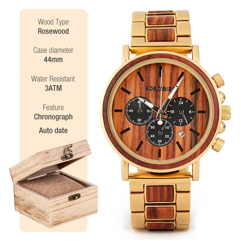 BOBO BIRD Wooden Watch Men erkek kol saati Luxury Stylish Wood Timepieces Chronograph Military Quartz Watches Custom Wood Gift
