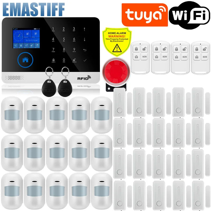 Wireless Tuya APP SIM GSM Home RFID Burglar Security LCD Touch Keyboard WIFI GSM Alarm System Sensor kit Russian,Spanish Voice
