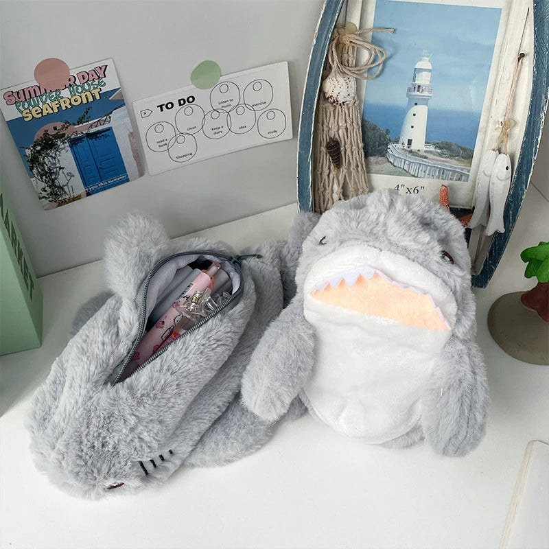Plush Ocean Shark Pencil Case Portable Cosmetic Bag Large Capacity Pen Pouch Stationery Storage Box School Office Supplies