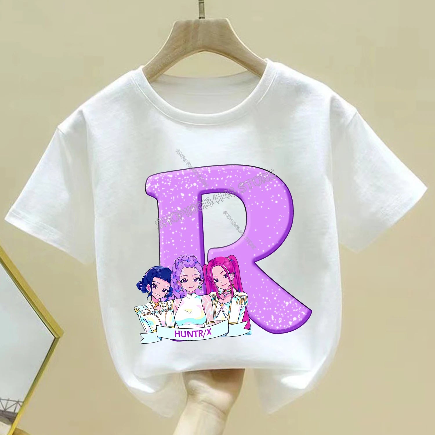 KPop Demon Hunters T-shirt for Children Cartoon A-Z Letters Tee Top White Round Collar Clothes Kids Short Sleeve Clothing Gift