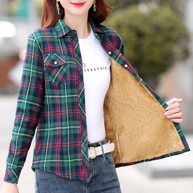 Thickened Fleece Women's Long Sleeve Shirt Autumn Winter New Style Warm Plaid Loose Fit Korean Style Cotton Button up Top