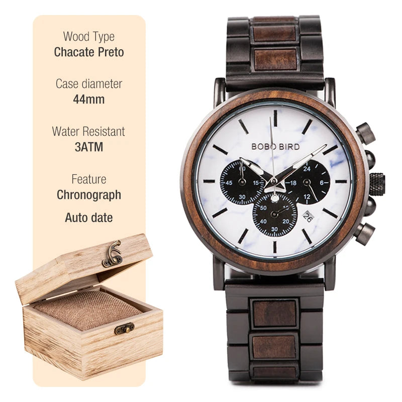 BOBO BIRD Wooden Watch Men erkek kol saati Luxury Stylish Wood Timepieces Chronograph Military Quartz Watches Custom Wood Gift