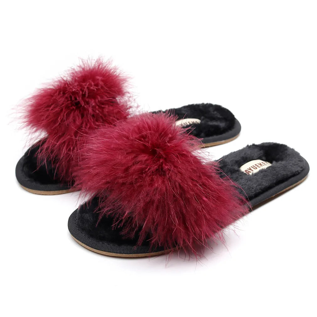 FAYUEKEY Spring Summer Winter Home Cotton Fluffy Plush Fur Slippers Women Wedding Floor Bedroom Flat Shoes