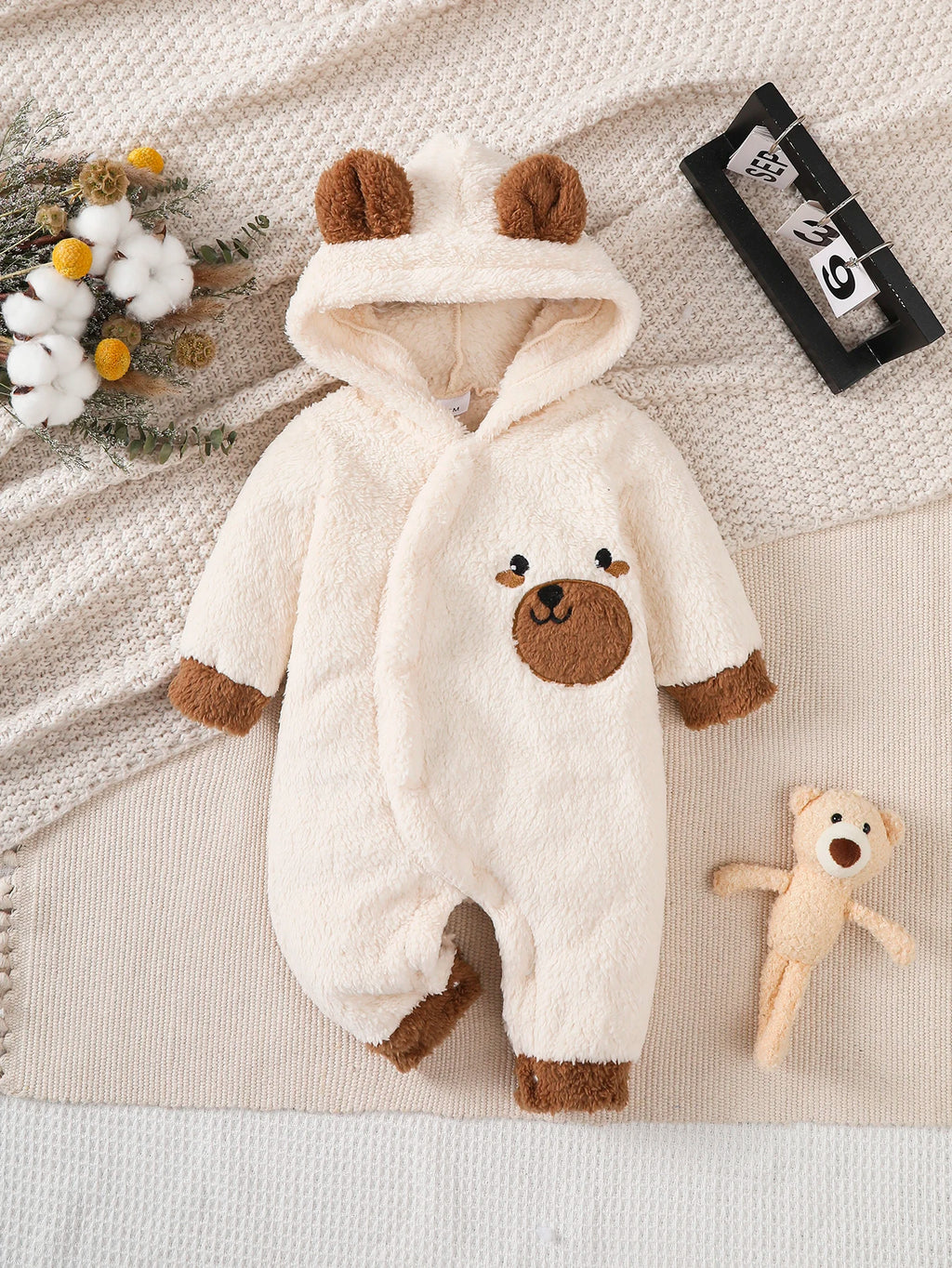Winter  0-1  Years  Old  Infant  Baby  Boys  Bear   Print   Hooded   jumpsuit