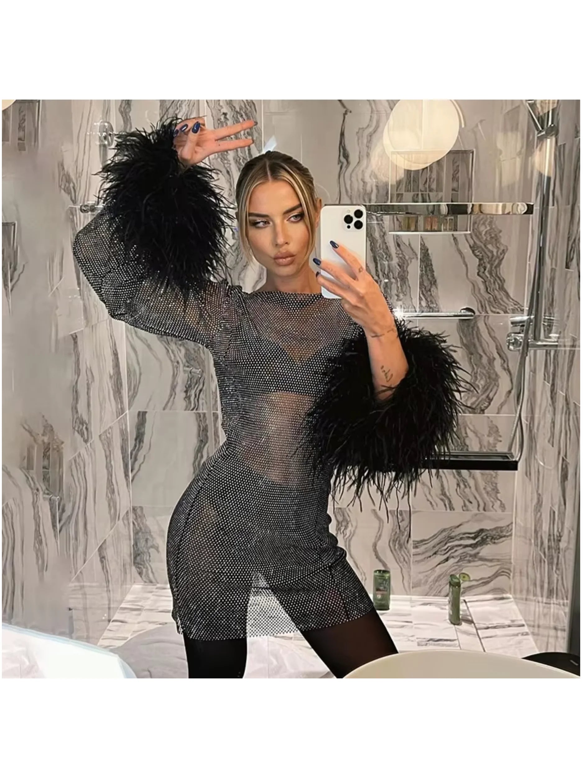Party Fashion Summer Long Sleeve Mini Feathers Shining Women Club Sexy Dress Evening Outfits Hollow Out Mesh Dress Wrap