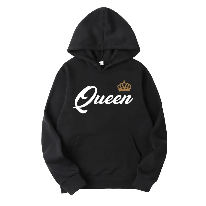 Fashion Men Women Long Sleeve Pullover Hooded Sweatshirts Unisex King and Queen Print Hoodies Casual Streetwear Couple Sweat