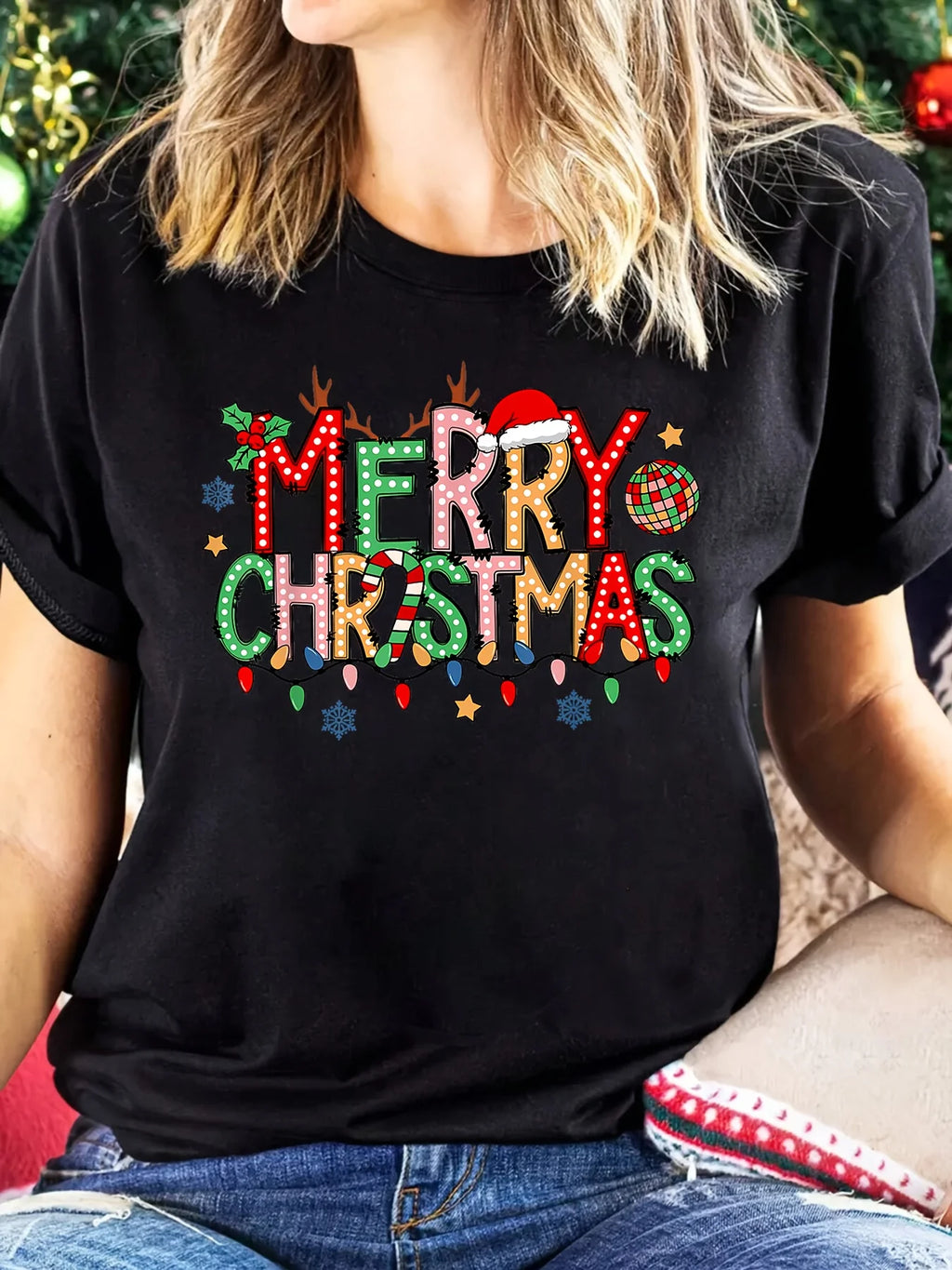 2026 New Women's Christmas Family Print T-Shirt Sleeve Crew Neck Casual with Festive "Merry Christmas" Lettering Holiday Motifs