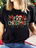 2026 New Women's Christmas Family Print T-Shirt Sleeve Crew Neck Casual with Festive "Merry Christmas" Lettering Holiday Motifs