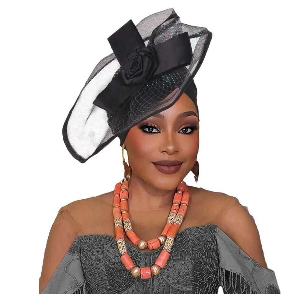 Retro Veil Turban Cap for Women Exaggerated Party Headpiece Hat African Head Wraps Bonnet Muslim Wrap Head Turbans