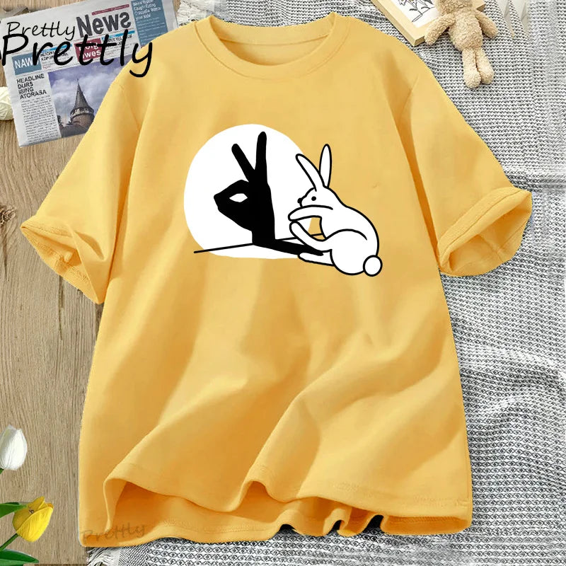 Funny Rabbit Hand Shadow T-Shirt Cute Cotton Short Sleeve T Shirt for Men Women Couple Short Sleeve Tops Harajuku Y2k Clothing