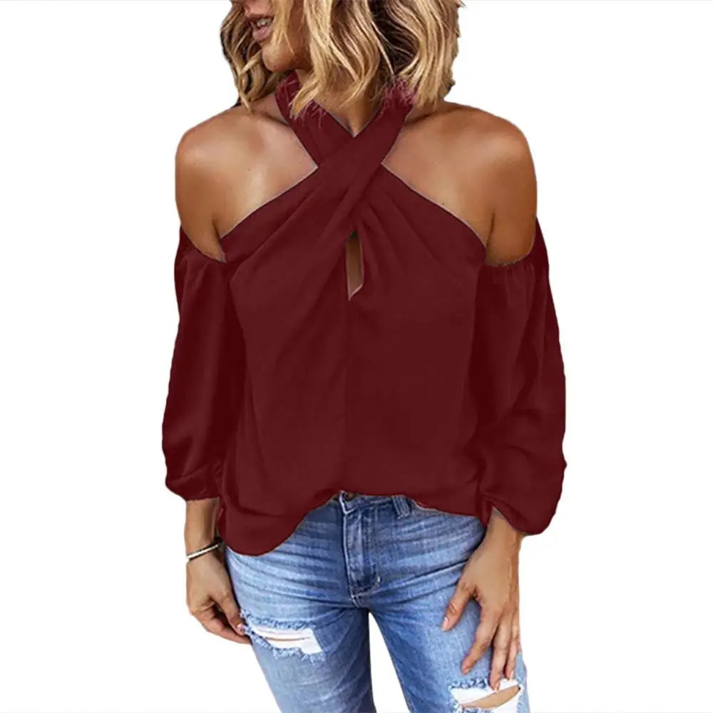 Women Camis Solid Color Long Sleeve Tanks Sexy Halter Off Shoulder Back Zipper Blouse Top Female Clothing For Daily Commuting