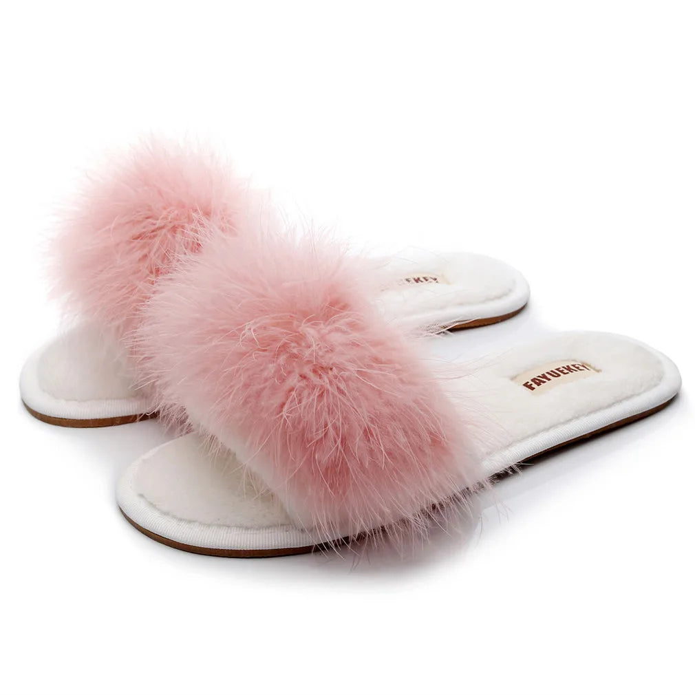 FAYUEKEY Spring Summer Winter Home Cotton Fluffy Plush Fur Slippers Women Wedding Floor Bedroom Flat Shoes