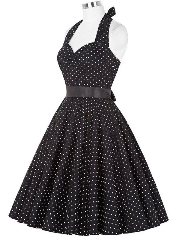 Polka Dot Dress Women Vintage Swing Halter Belt 50s 60s Rockabilly Prom Party Dresses Retro Feminino Vestidos