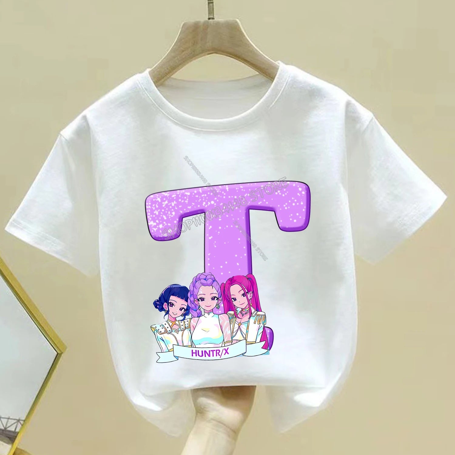 KPop Demon Hunters T-shirt for Children Cartoon A-Z Letters Tee Top White Round Collar Clothes Kids Short Sleeve Clothing Gift