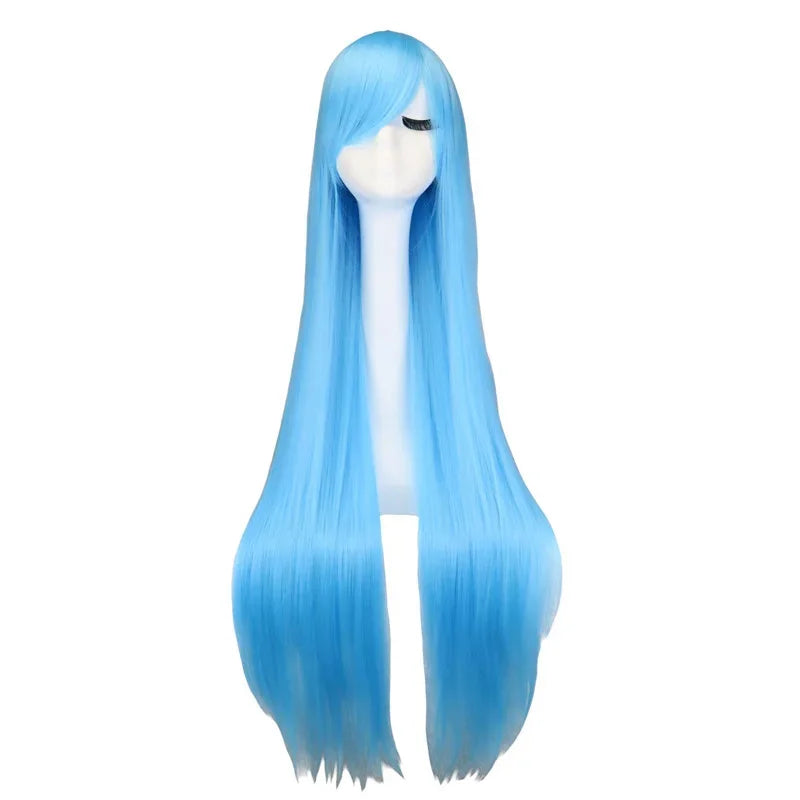 QQXCAIW Long Straight Cosplay Wig Black Purple Black Red Pink Blue Dark Brown 100 Cm Synthetic Hair Wigs