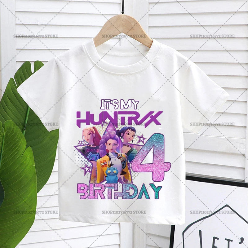 Cartoon Huntrix Number T-shirt Cute Birthday Top Girl Tee Summer Short Sleeve Cotton Boutique Child Clothing Kpop Demon Hunters