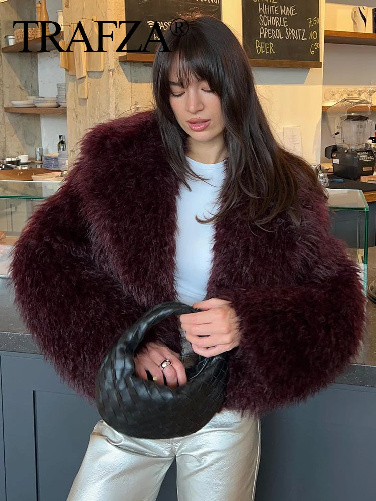 HH Winter Women Elegant Warm Plush Coat Turn-Down Collar Thick Cardigan Coat Female Pocket Long Sleeve Short Outerwear Mujer