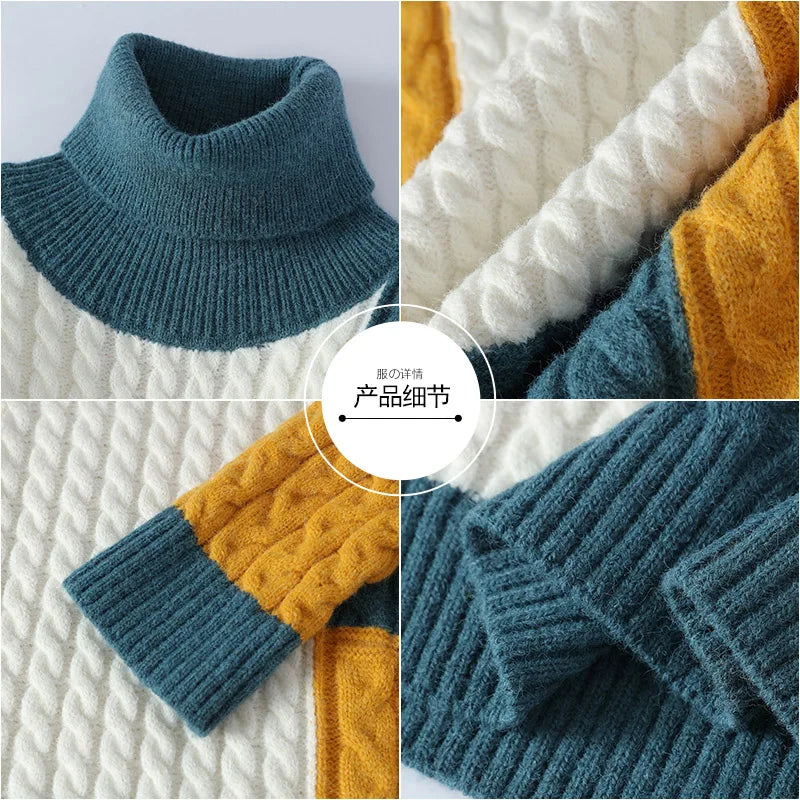 Winter New Contrast Color Turtleneck Sweaters Men's Thicken Warm Knitting Pullovers Loose Comfortable Casual Knitwear