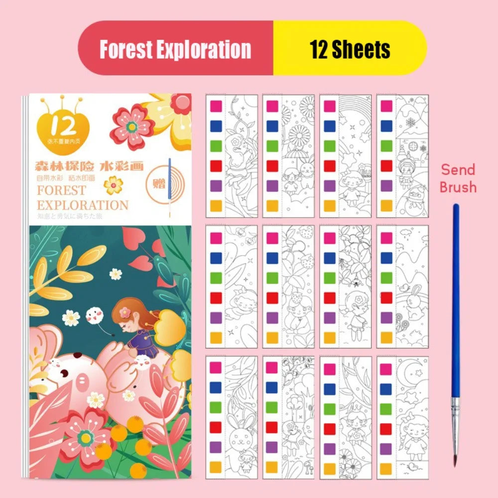 New 12 Pages Watercolor Coloring Book DIY Handcrafted Coloring Painting Book Portable With Painting Brush Mini Paint Pad Gift